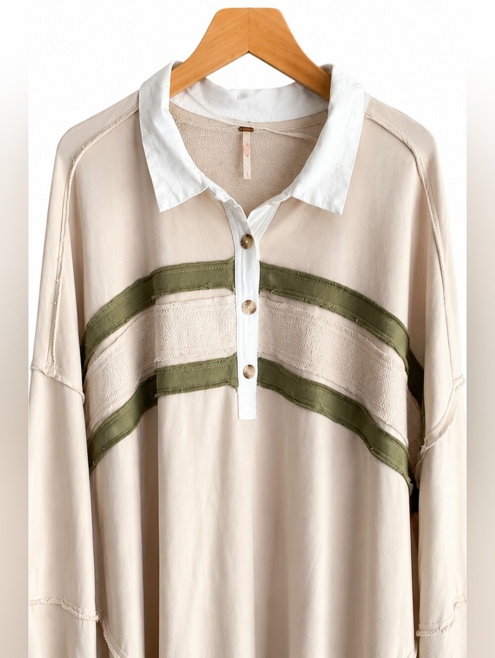 Free People Cream Midi Sweatshirt Dress with Olive Stripe - Picture 4 of 14